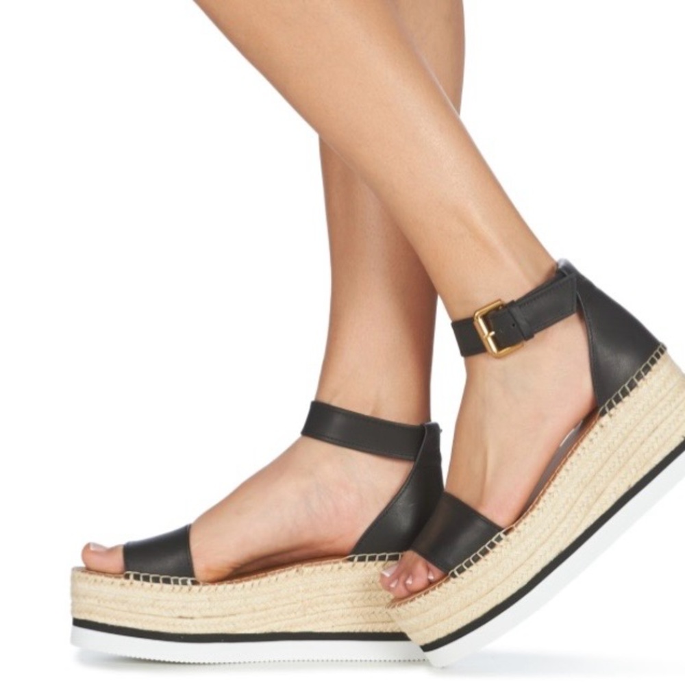 See by Chloé Black Leather Espadrille Wedge Sandals